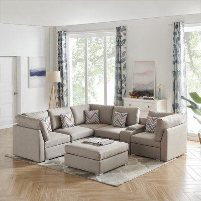 Cerine Modern Sofa 105.9" Fabric Reversible Sectional Sofa With USB Console And Ottoman