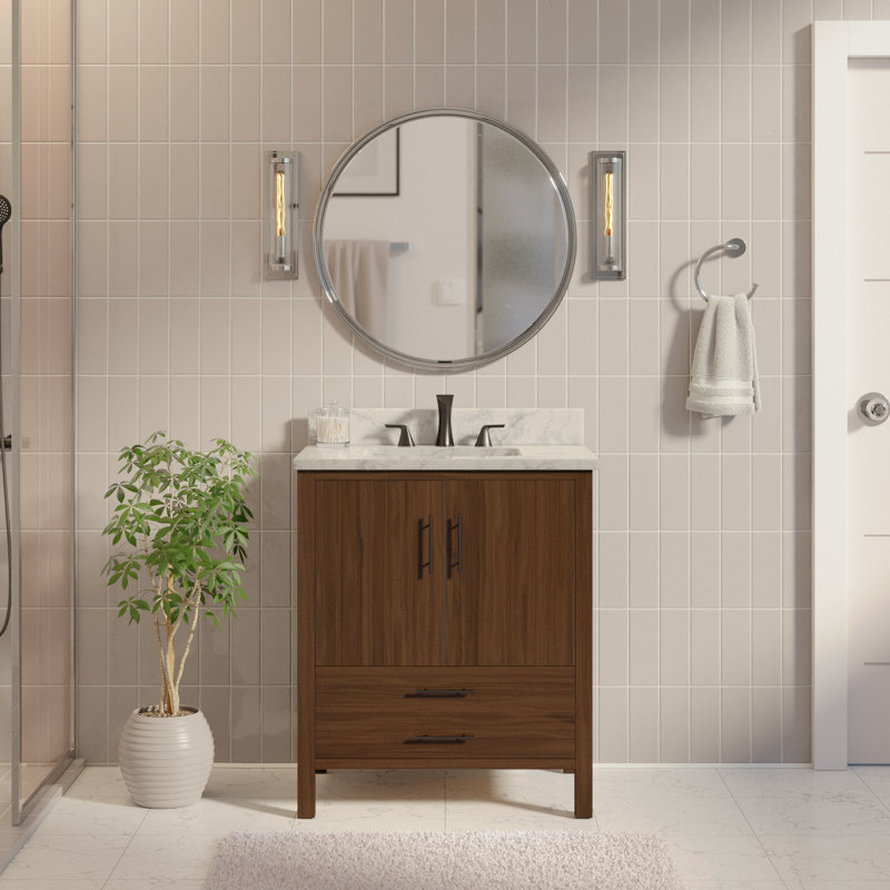 Kiara 30'' Single Bathroom Vanity with Top, Carrara Marble, Walnut Veneer