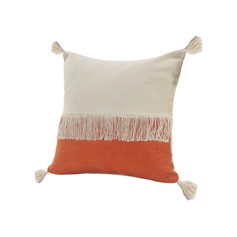 Coussin décoratif à franges 100% coton Contemporary, Orange citrouille / blanc cassé, Polyester