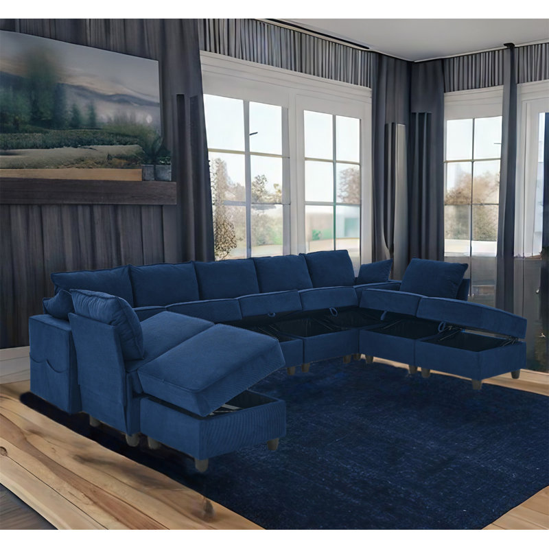 Canapé modulaire 9 pièces Ghulam, Velours côtelé bleu marine