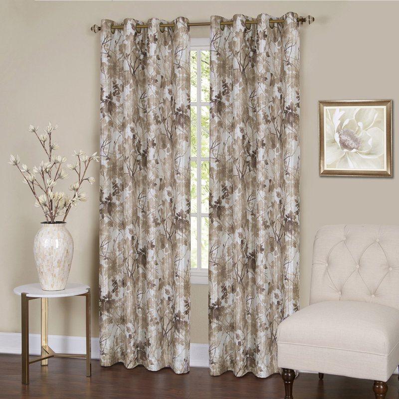 Warrenup Floral Energy Efficient 98% Blackout Thermal Grommet Lined Curtain Panels (Set of 2), 52" W x 63" L, Tan