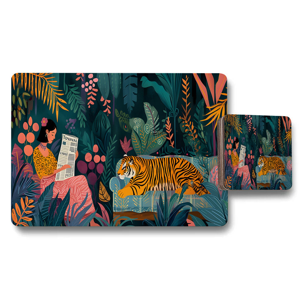 Jungle Tiger and Woman Reading Placemat and Coaster Set