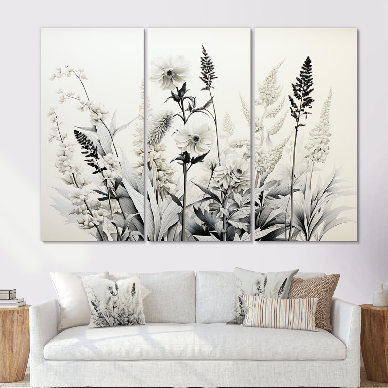 «Gray and White Herbs Minimal Harmony II - Floral Herbs», ensemble d'art sur toile, Toile tendue, H 32 po x l 48 po x P 1 po