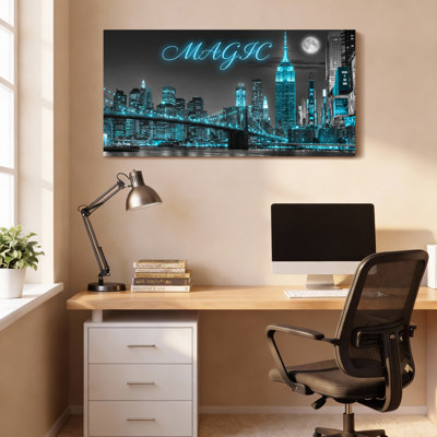 «Magic New York City Skyline», reproduction d'art sur toile tendue sur toile avec néons bleus et paysage urbain de pleine lune (ensemble de 1)