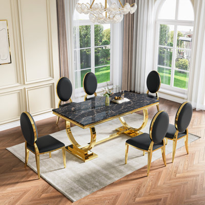 Modern Dining Room Set, Faux Marble Tabletop Kitchen Dining Table Set With Upholstered Chairs
