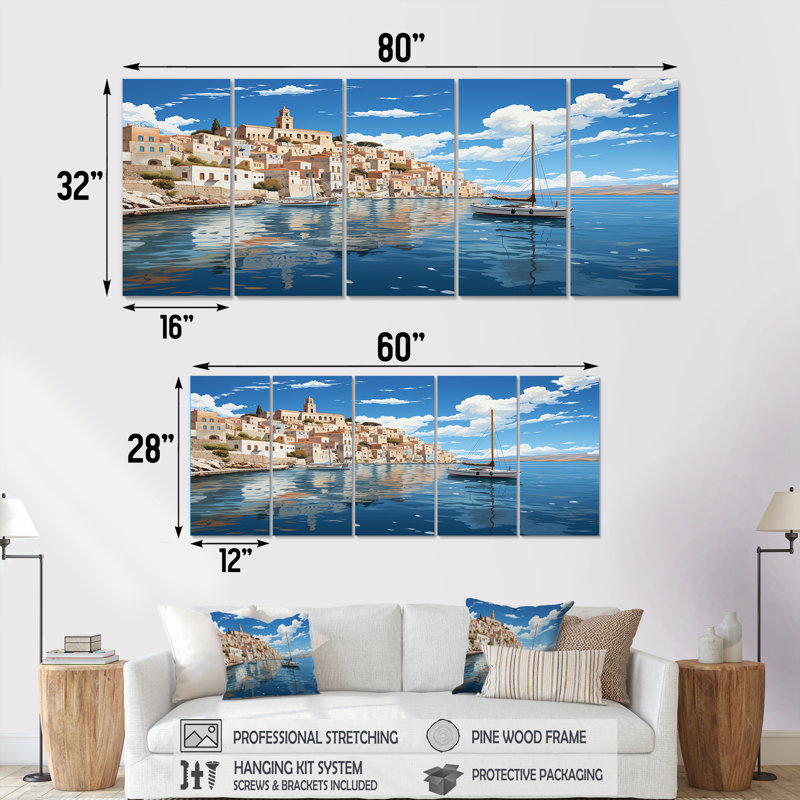 «Syros Serenityscape III - Coastal Port», art mural 5 pièces, H 28 po x l 60 po
