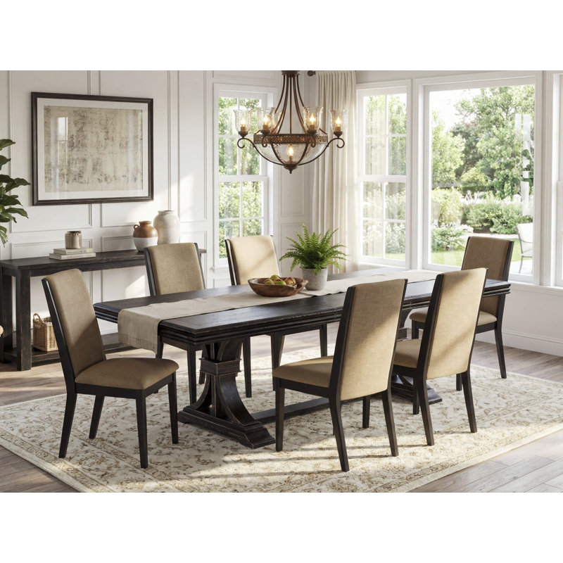 Ensemble de table de salle à manger moderne 7 pièces comprenant une table de cuisine rectangulaire et 6 chaises de salle à manger en tissu de lin sable clair avec pieds noirs - Finition sable