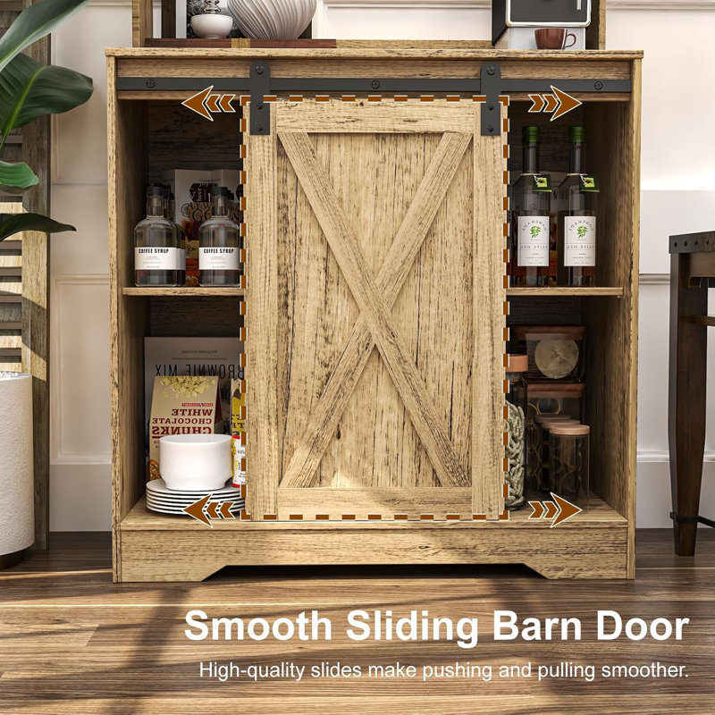 55" Farmhouse Coffee Bar Hutch with LED Light, Storage & Sliding Barn Door, Natural Wood