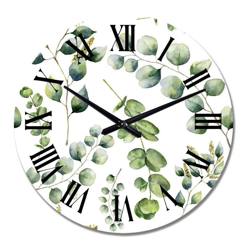 Branches d'eucalyptus sur blanc Iii - Horloge murale à motifs, Moyen