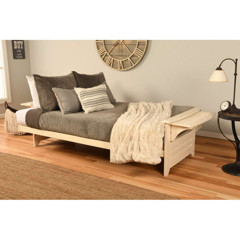 Johnte 82'' Wide Full Futon And Mattress, Suede Blue Microsuede, Antique White, Premium Pocket Coil