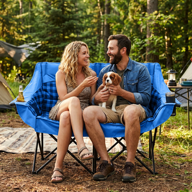 Oversized Double Camping Chair, Folding 2 Person Camping Chair, Fully Padded Chair with Carrying Bag, Blue Grid