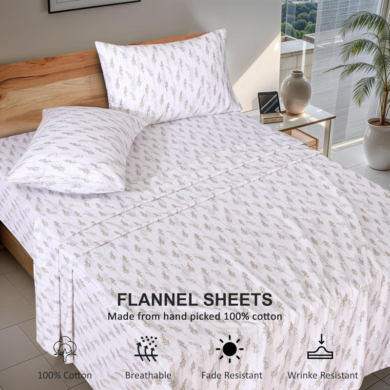 Ensemble de draps en flanelle 100% coton, 4 pièces, draps d'automne chauds et douillets de 16 po, Paille séchée / floral