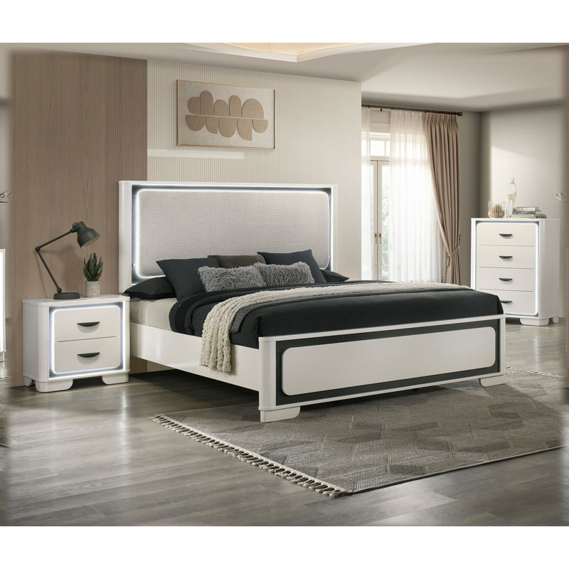 Elegant Pearl White Modern 5-piece Bedroom Set, Upholstered Led Headboard & Solid Wood King-size Bed, Drawer Chest, Dresser With Mirror, 2 Drawer Nightstand All With Led