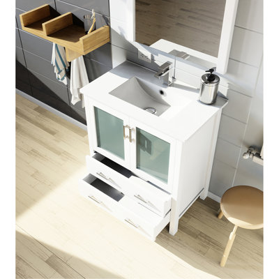 30 In. W White Bath Vanity, 18.25 D, Ceramic Top, 28 Mirror, Soft - Closing Mechanism, One Cabinet And Drawers, Scratch Proof Vanity Bathroom Design, Interior Storage, Surface