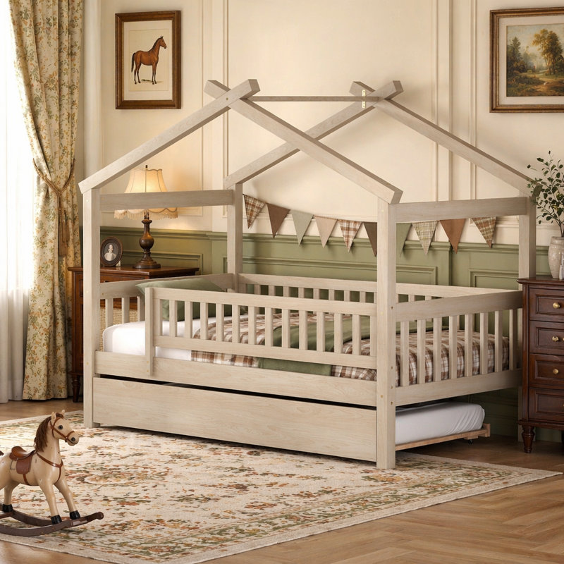 Lit enchanteur en bois avec lit gigogne, Naturel