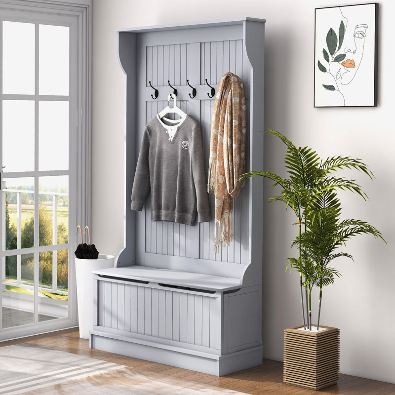 38" 3-In-1 Entryway Hall Tree With Storage Bench, Coat Rack With Four Hooks And Shoe Storage, Gray