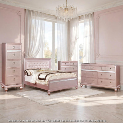Queen Bedroom Set, Pink and Rose Gold, 4 Piece Set with 2 Chests and Dresser