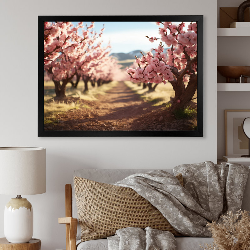 " Pink Cherry Blossom Field I ", 12" H x 20" W x 1" D, White Floater Framed