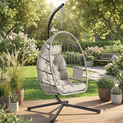 Height-Adjustable Hanging Egg Chair With Stand, Foldable Removable Basket, Cushion, Grey