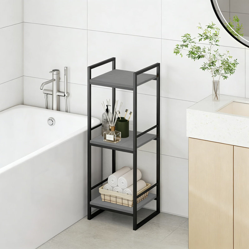 Étagère de rangement autoportante à 3 niveaux, structure en métal robuste avec tablettes d'aspect bois pour la salle de bain, la cuisine, le salon et le couloir