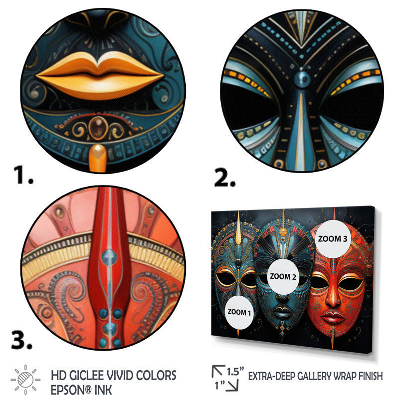 Red African Masks III - Masque africain, art mural, H 24 po x l 32 po, Reproduction avec cadre flottant, Argent argent
