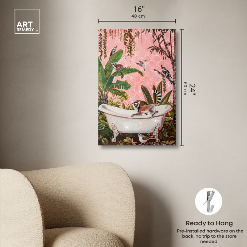 Exotic Lemur Jungle Scene Pink Canvas Wall Art