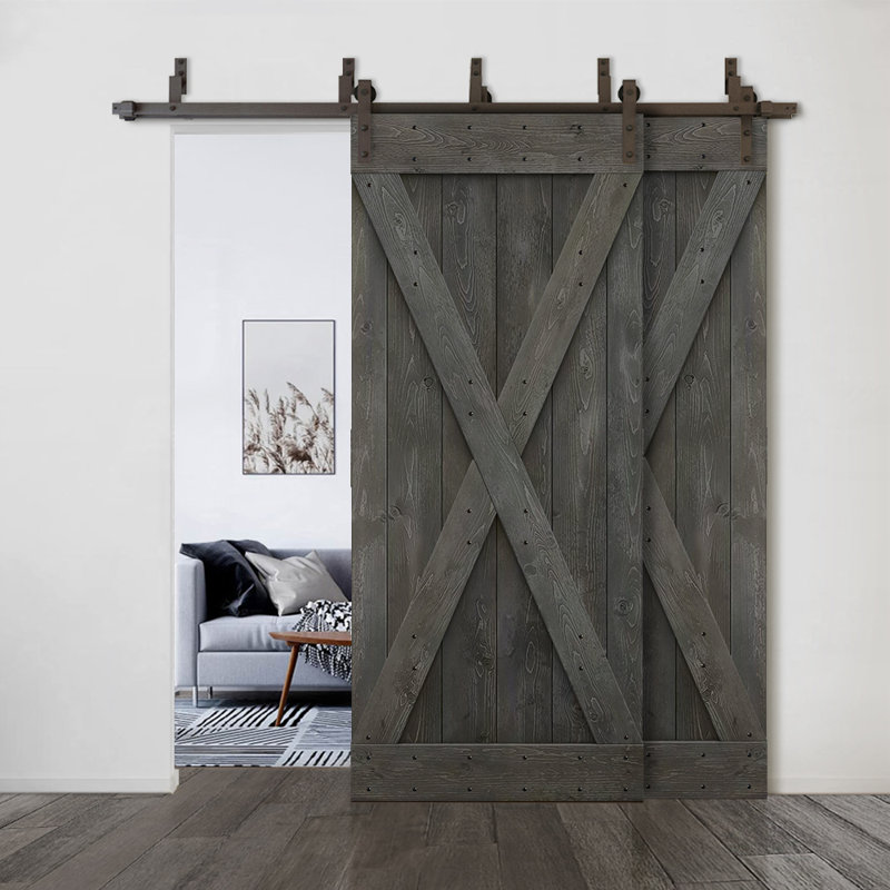 Porte de grange double à panneaux en bois teinté à panneau avec ensemble de quincaillerie coulissante, 48 po x 84 po
