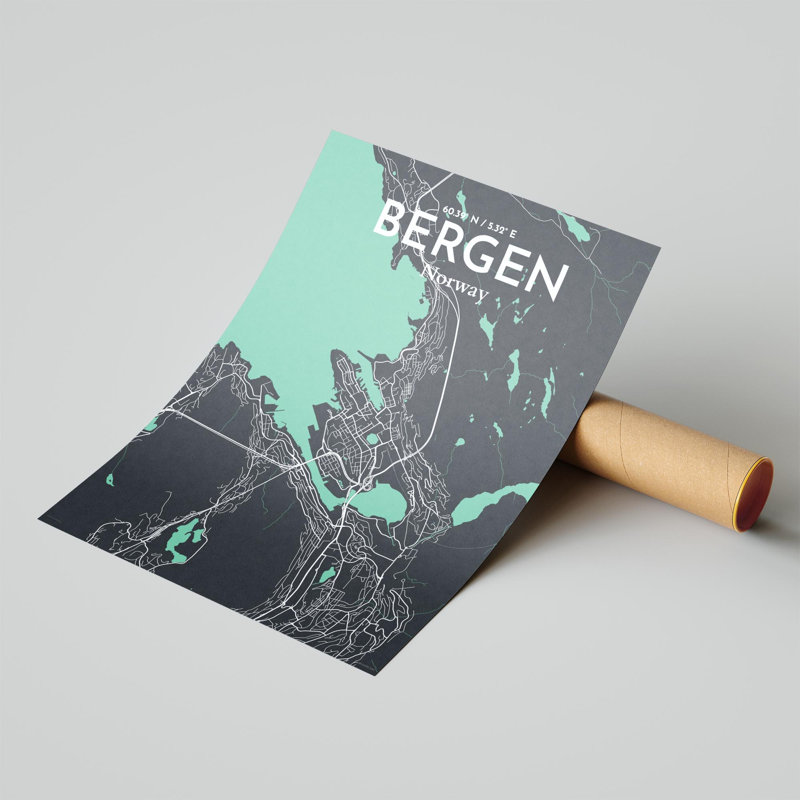 Bergen City Map, impression, H 24 po x l 18 po, Vert/gris