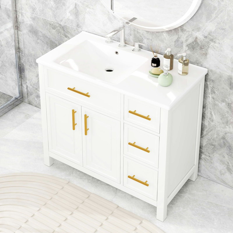 Meuble-lavabo 36 po avec lavabo en céramique avec tiroir, porte et armoire de rangement, Blanc