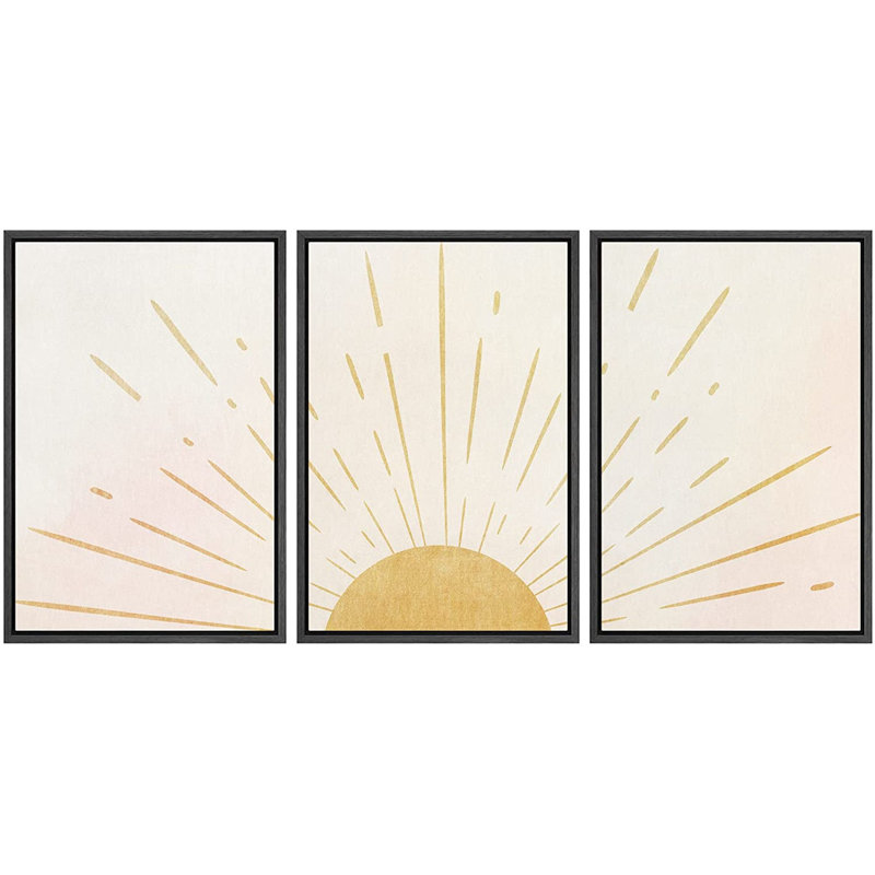 Modern Geometric Yellow Sun Canvas Wall Art Set with Black MDF Frame
