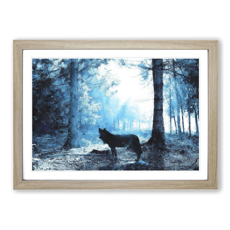 Wolf in the Blue Forest - Picture Frame Painting, 36cm H x 48cm W x 2cm D, Oak Framed