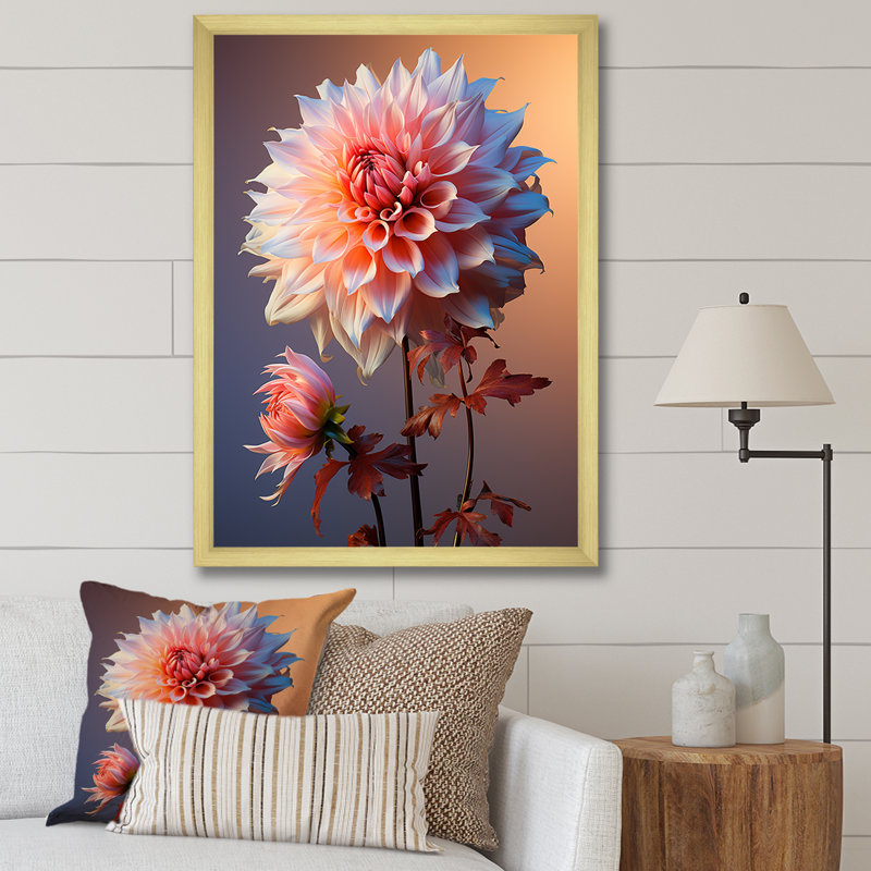 Corail et dahlia bleu dansant III - impression, Cadre doré simple, H 44 po x l 34 po x P 1,5 po