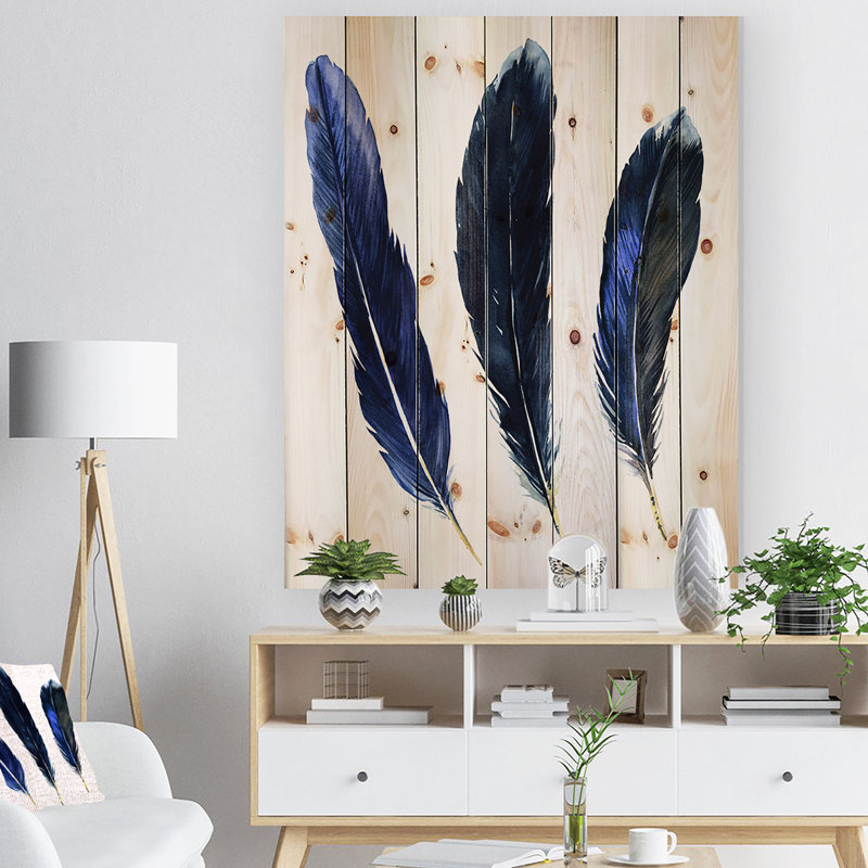 Trois plumes - peinture sur bois, H 12 po x l 8 po x P 1 po
