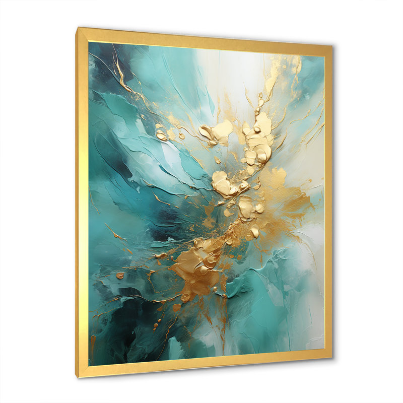 Or et sarcelle aurore harmonie II - spirales abstraites grand art mural, Cadre doré simple, H 40 po x l 30 po x P 1,5 po