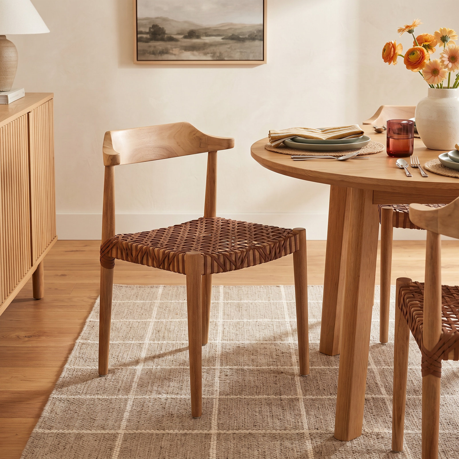 Bruna Teak Dining Armchair, Unfinished Natural, Cognac Genuine Leather