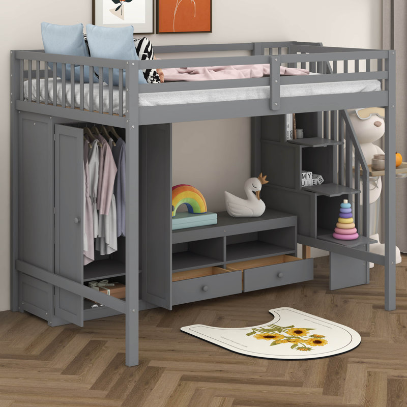 Full Size Loft Bed Frame With Wardrobe,Low Storage Table And Storage Staircase, Gray