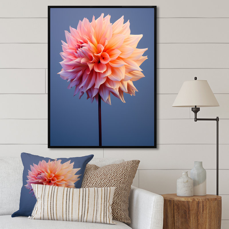 «Coral and Blue Dahlia Dance», reproduction sur toile, Cadre flottant noir, H 40 po x l 30 po x P 1,5 po