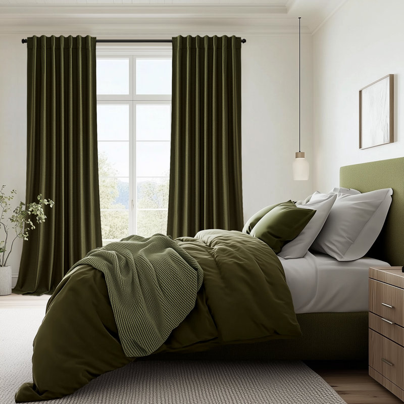 Rideaux en lin isolant 100% occultant avec languette et crochets Dennan, L 52 po x L 84 po, Vert olive
