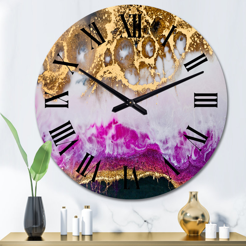 Horloge murale moderne en résine époxy or blanc et fuchia, Moyen