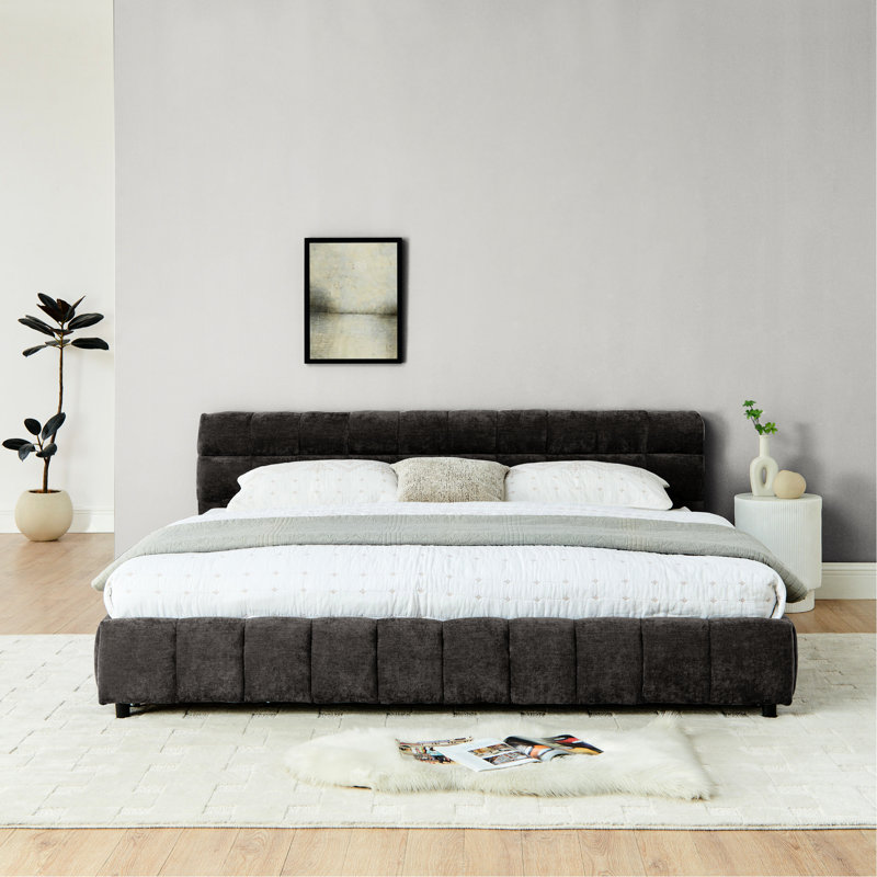 Très grand lit confortable avec tête de lit tapissier et tiroir efficace - Tissu chenille confortable gris foncé, Gris foncé