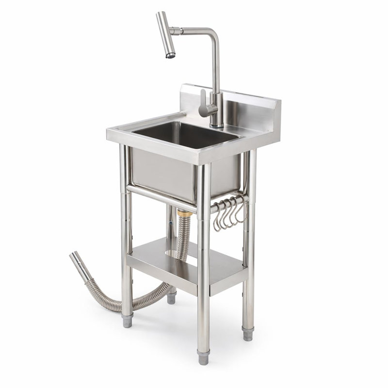Évier utilitaire autoportant en acier inoxydable de 17 po x 15 po x 32 po - Robinet escamotable à eau chaude et froide, évier à lessive de grande capacité avec tablette de rangement et ensemble de bonde - Pour le garage, la cuisine, la cour arrière et l'utilisation commerciale