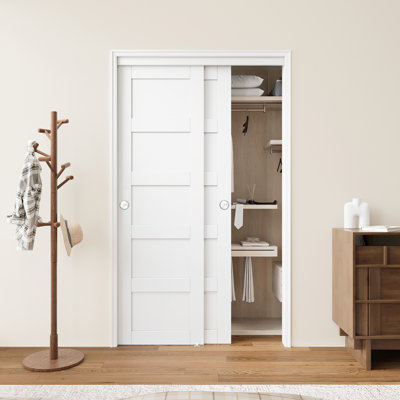 Portes de garde-robe coulissantes 80 po à 5 panneaux en MDF blanc avec quincaillerie et poignées (assemblage requis)
