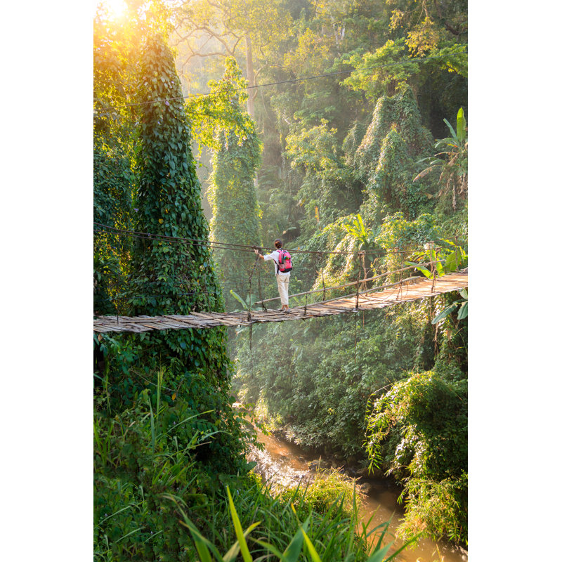 Backpacker On Suspension Bridge by FredFroese - Wrapped Canvas Print, 91cm H x 61cm W