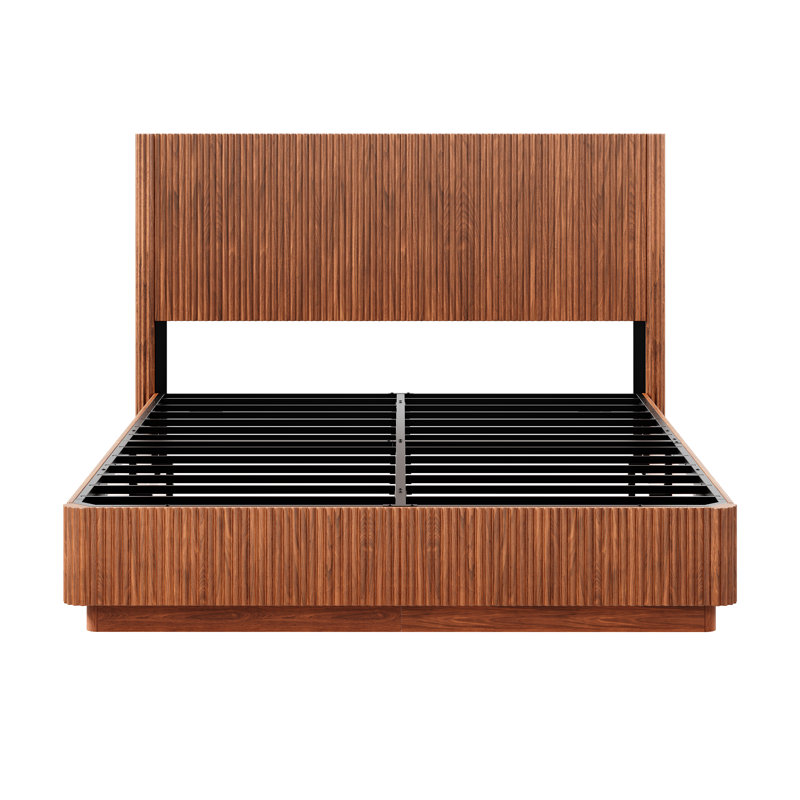 Fluted Bed Frame with Smart LED Lights and Tall Headboard, Platform Bed with Metal Support Slats, Weight Capacity 1000 lbs, No Box Spring Needed, Walnut, Queen