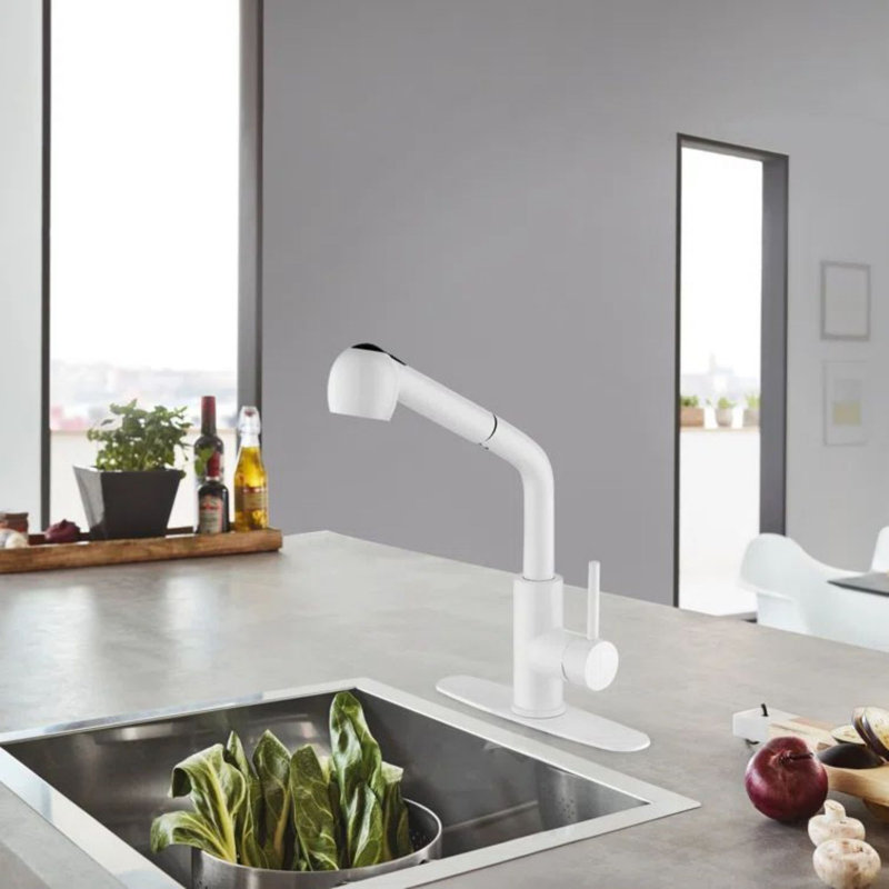 Robinet de cuisine rétractable à poignée simple avec accessoires, Blanc
