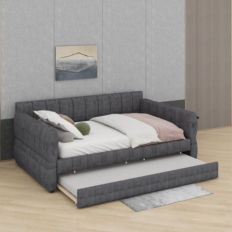 Queen Size Upholstered Platform Bed Frame With USB Ports & Trundle, Modern Sherpa Fabric Daybed Frame With Armrests, Gray