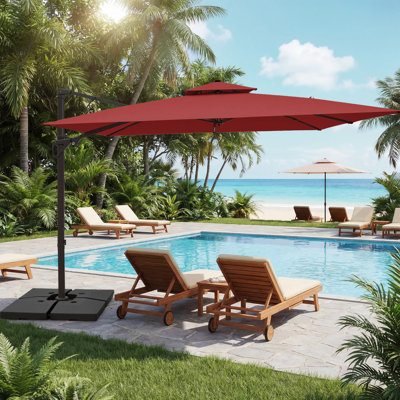 9 Ft. X 9 Ft. Square Steel Cantilever Patio Umbrella With Base in Red