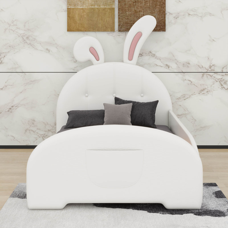 Twin Size Upholstered Rabbit-Shape Princess Bed, White