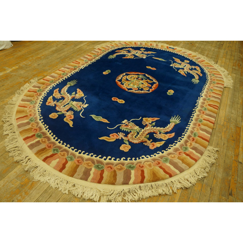 Vintage Art Deco Hallway Runner Wool Beige, Blue Navy Rug