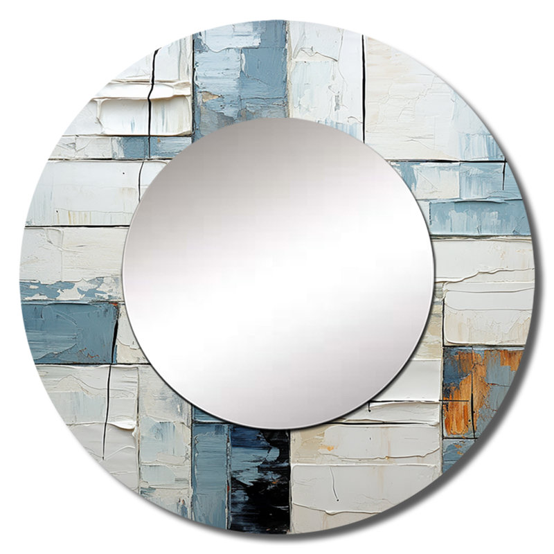 Cubisme bleu et blanc Fight I - miroir mural décoratif formes abstraites, grand miroir rond moderne, impression d'art en métal